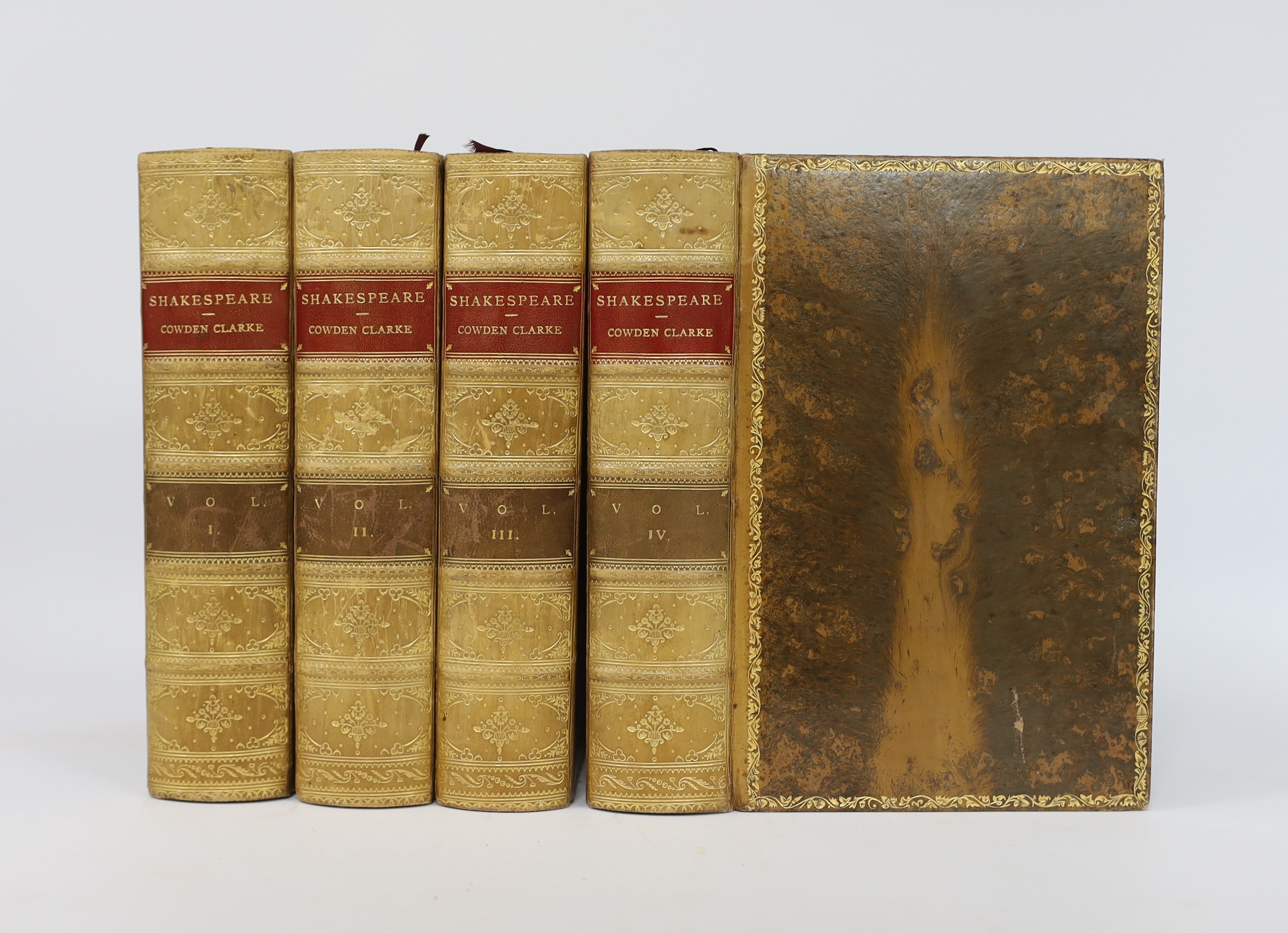 Shakespeare, William - The Works of .....edited ...by Charles and Mary Cowden Clark..., 4 vols. portrait frontis. and num. woodbury type mounted photo. illus.; contemp. gilt decorated tree calf, panelled spines with red